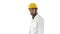 Unhappy construction site engineer talking and walking on white