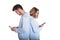Unhappy couple backwards with their mobile phones typing isolated