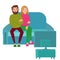 Unhappy Couple Watching TV. Television Addiction. Tired Husbands Sitting on Sofa behind TV Set