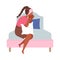 Unhappy Crying Teenage Girl Sitting on Bed with Pillow Feeling Sad and Depressed Vector Illustration