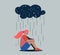 Unhappy depressed sad girl in stress with negative emotion problem sitting under rain cloud. Loneliness woman. Alone