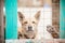 Unhappy dog in a cage. Dog shelter. Portrait of a sad homeless dog behind bars