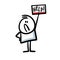 Unhappy doodle stickman holds a sign asking for help in his rising up hand.