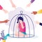 Unhappy female character locked in cage. Fingers pointing on sad schoolgirl. Concept of bullying and violence in society