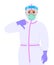 Unhappy female doctor in safety protective suit, glasses and mask showing thumbs down gesture sign. Physician gesturing dislike