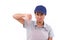 Unhappy female worker giving thumb down gesture