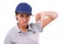 Unhappy female worker giving thumb down gesture