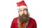 Unhappy funny santa claus with real beard and red hat and shirt looking at camera with sadness. isolated on white