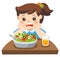 Unhappy girl doesn`t want eat healthy vegetables.
