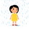 Unhappy girl under rain flat vector illustration. Sad preteen child in bad rainy weather.