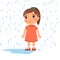 Unhappy girl under rain flat vector illustration. Sad preteen child in bad rainy weather.