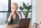 Unhappy Lady Touching Nosebridge Having Runny Nose Sitting In Office