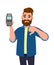 Unhappy man showing / holding credit / debit card and POS terminal payment card swipe machine and gesturing thumbs down sign.