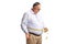 Unhappy mature man measuring waist with a tape