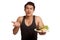 Unhappy muscular Asian man with clean food