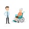 Unhappy old woman in a wheelchair and thinking male doctor