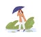 Unhappy person holding umbrella, walking under heavy rain. Bad rainy and windy weather concept. Woman wading through