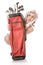 Unhappy retro girl peeking out from behind red golf bag, isolate