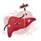 Unhappy sad cartoon liver. Cute character human organ is sick, suffering and asking for help. Vector illustration in