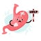 Unhappy sad cartoon stomach. Cute character human organ is sick, suffering and asking for help. Vector illustration in