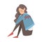 Unhappy Sad Girl Sitting on Floor, Depressed Teenager Having Problems, Front View Vector Illustration