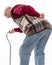 Unhappy senior man with a cane suffering from pain in back or reins over white background