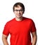 Unhappy squeamish unshaved adult man in red t-shirt and glasses looks at camera trying to see understand something