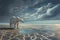 Unhappy white bear stands on dry empty ocean floor. Small puddle of disappearing sea. Image for environmental awareness and