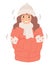 Unhappy woman freezing wearing winter clothes shivering. Cartoon vector Illustration