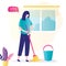Unhappy woman holding mop, bucket near. Cleaning, household, mopping concept. Cleaning service, sad housewife
