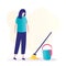 Unhappy woman looks at a mop and bucket. Cleaning, household, mopping concept. Cleaning service, sad housewife