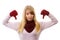 Unhappy woman in woolen gloves showing thumbs down, negative emotions