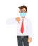 Unhappy young business man wearing medical mask and showing thumbs down sign. Trendy person covering surgical mask and gesturing