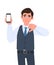 Unhappy young businessman in vest suit showing blank screen mobile phone and gesturing thumbs down sign. Person holding smartphone