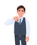 Unhappy young businessman in waistcoat showing thumb down gesture. Person making symbol of dislike or bad sign. Male character.