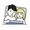 Unhappy young couple in bed, problems, family crisis. Cartoon design icon. Flat vector illustration. Isolated on white