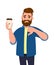 Unhappy young trendy man holding a coffee cup and showing, gesturing thumbs down sign. Male character design illustration.