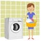 Unhappy young woman standing next to washing machine with basin filled with dirty clothes