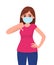 Unhappy young woman wearing medical face mask and showing thumbs down sign. Trendy girl covering protective surgical mask