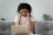 Unhealthy black woman having headache overwhelmed with computer work
