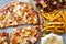 Unhealthy concept. Fast Food - Pizza, Fried Potato. Close up. Popular fast food recipes