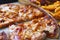 Unhealthy concept. Fast Food - Pizza, Fried Potato. Close up. Popular fast food recipes