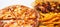 Unhealthy concept. Fast Food - Pizza, Fried Potato on a white background. Close up. Popular fast food recipes. banner