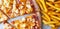 Unhealthy concept. Fast Food - Pizza, Fried Potato on a white background. Close up. Popular fast food recipes. banner