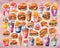 Unhealthy eating and fast food nutrition, assorted collection of sweets and snacks stickers in watercolor style, ai generative