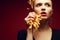 Unhealthy eating. Junk food concept. Portrait of woman with fries