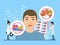 Unhealthy face with allergy and allergens vector illustration. Man with allergy symptoms on his face, medicine and tiny