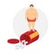 Unhealthy lifestyle and diet pills vector illustration. Fat man body, standing on box of diet pills. Cartoon flat poster