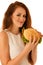 Unhealthy meal - happy young woman eats hamburger isolated over