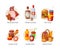 Unhealthy meal set. Processed meat, strong alcohol, fast food, sugary soda, white flour cartoon vector illustration